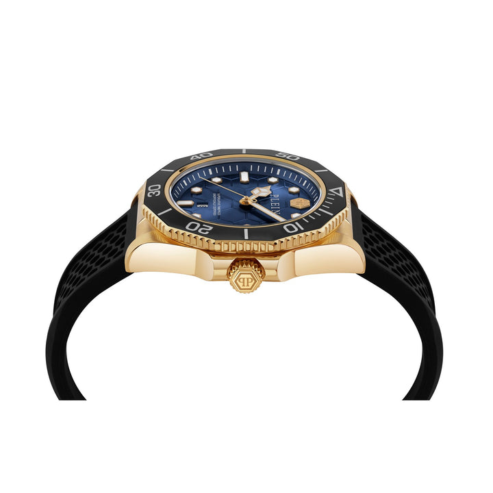 Gold and black watch with blue face on a white background