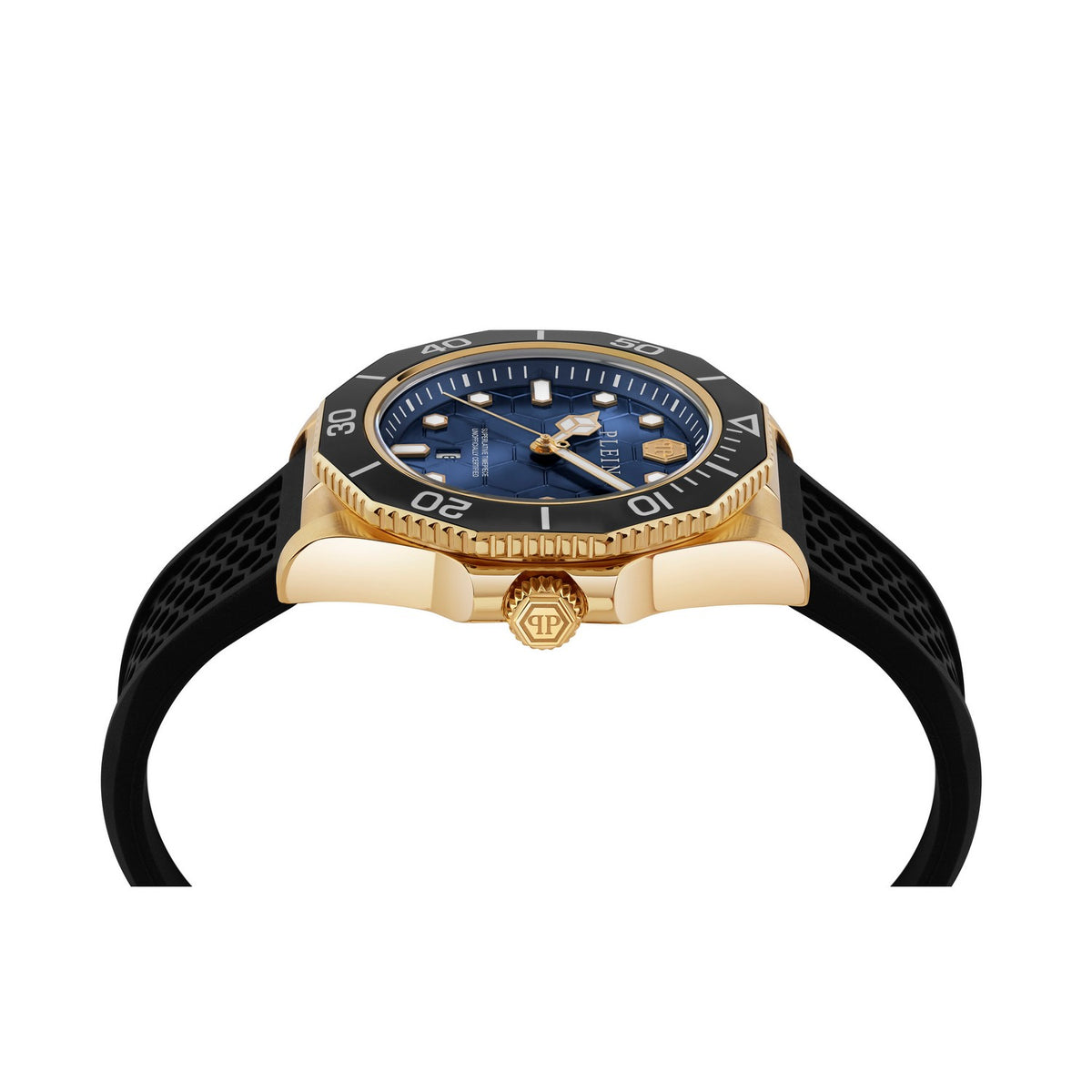 Gold and black watch with blue face on a white background