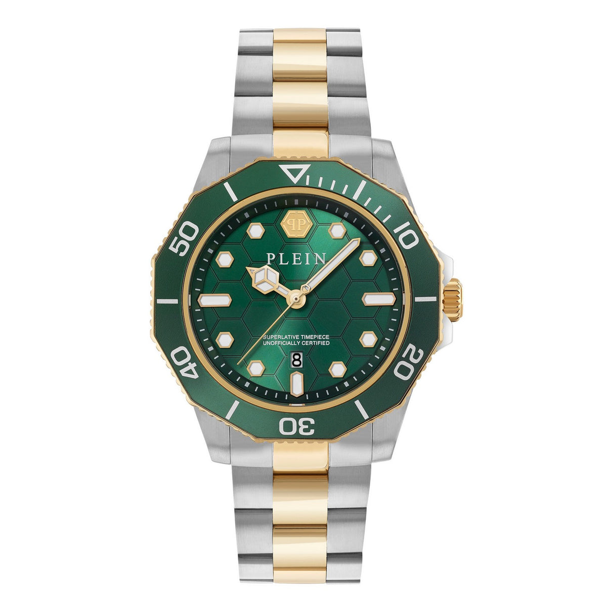 Wristwatch with green dial and gold and silver band on white background