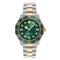 Wristwatch with green dial and gold and silver band on white background