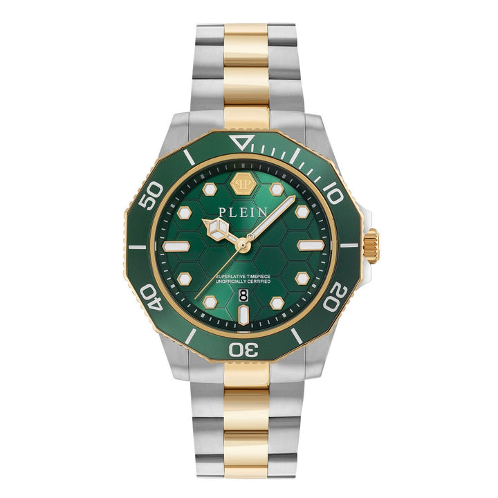 Wristwatch with green dial and gold and silver band on white background
