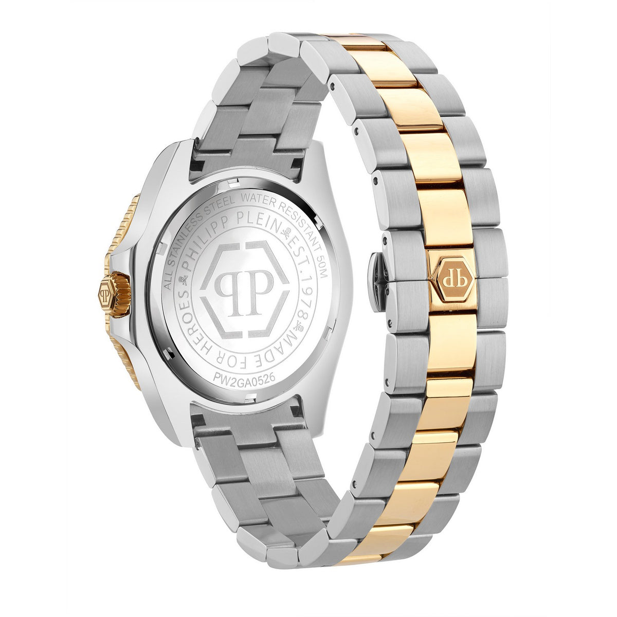 Two-tone silver and gold watch with Philipp Plein branding on a white background
