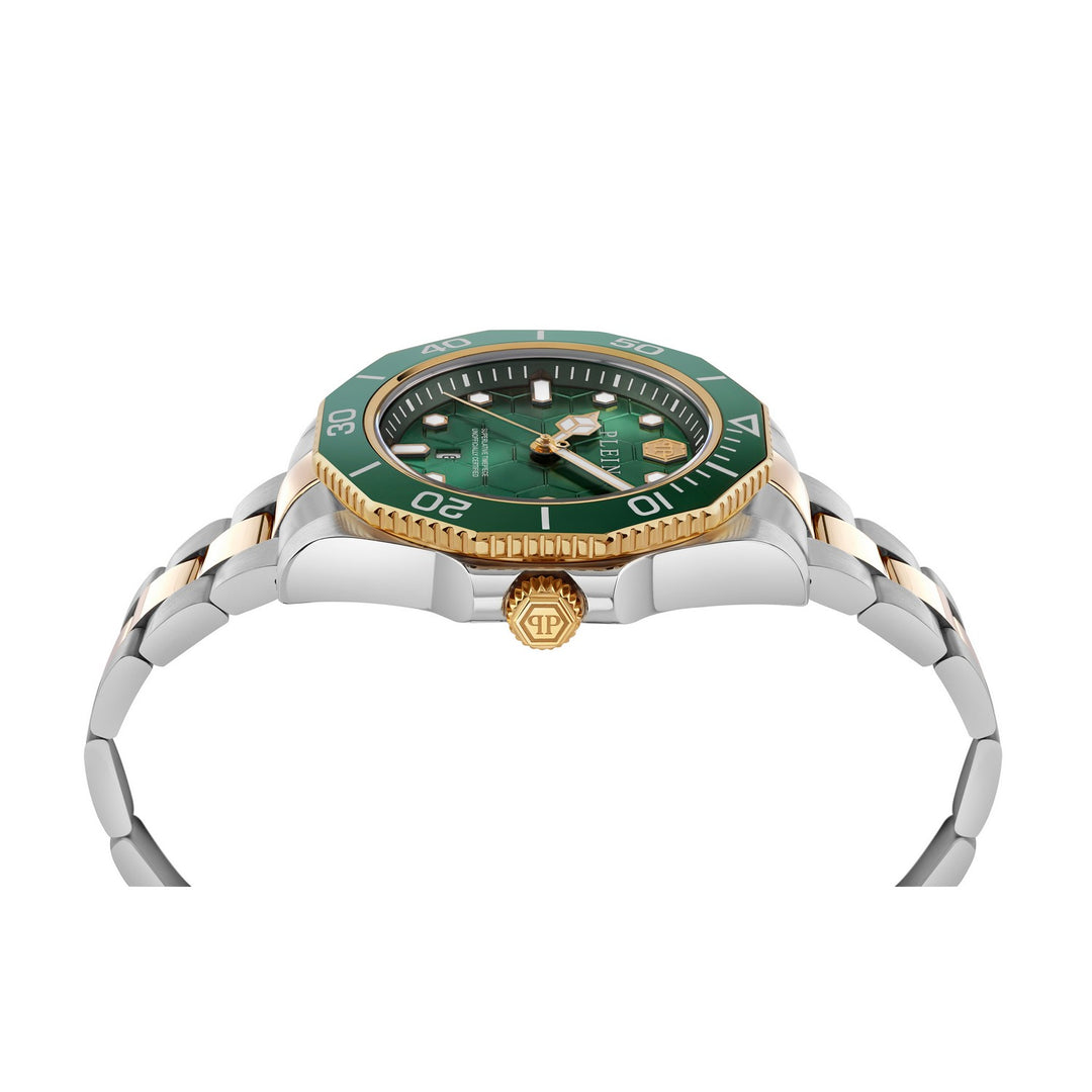 Watch with green face and gold accents on a white background