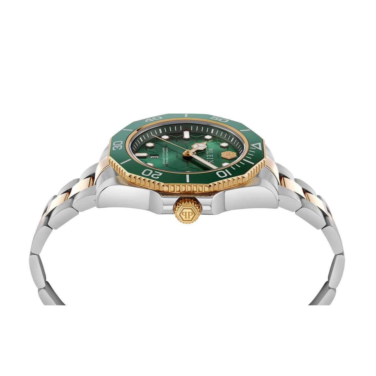 Watch with green face and gold accents on a white background