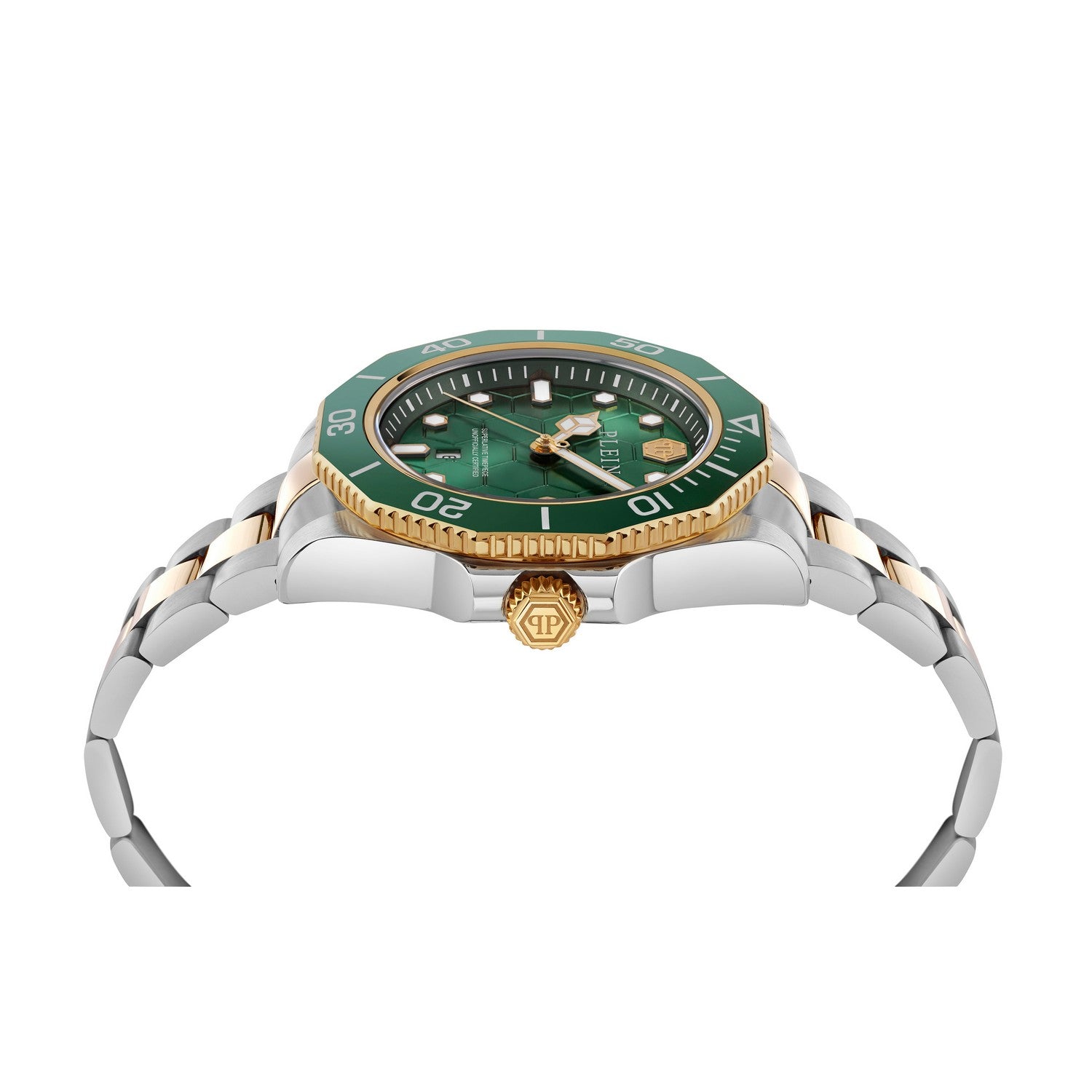 Watch with green face and gold accents on a white background