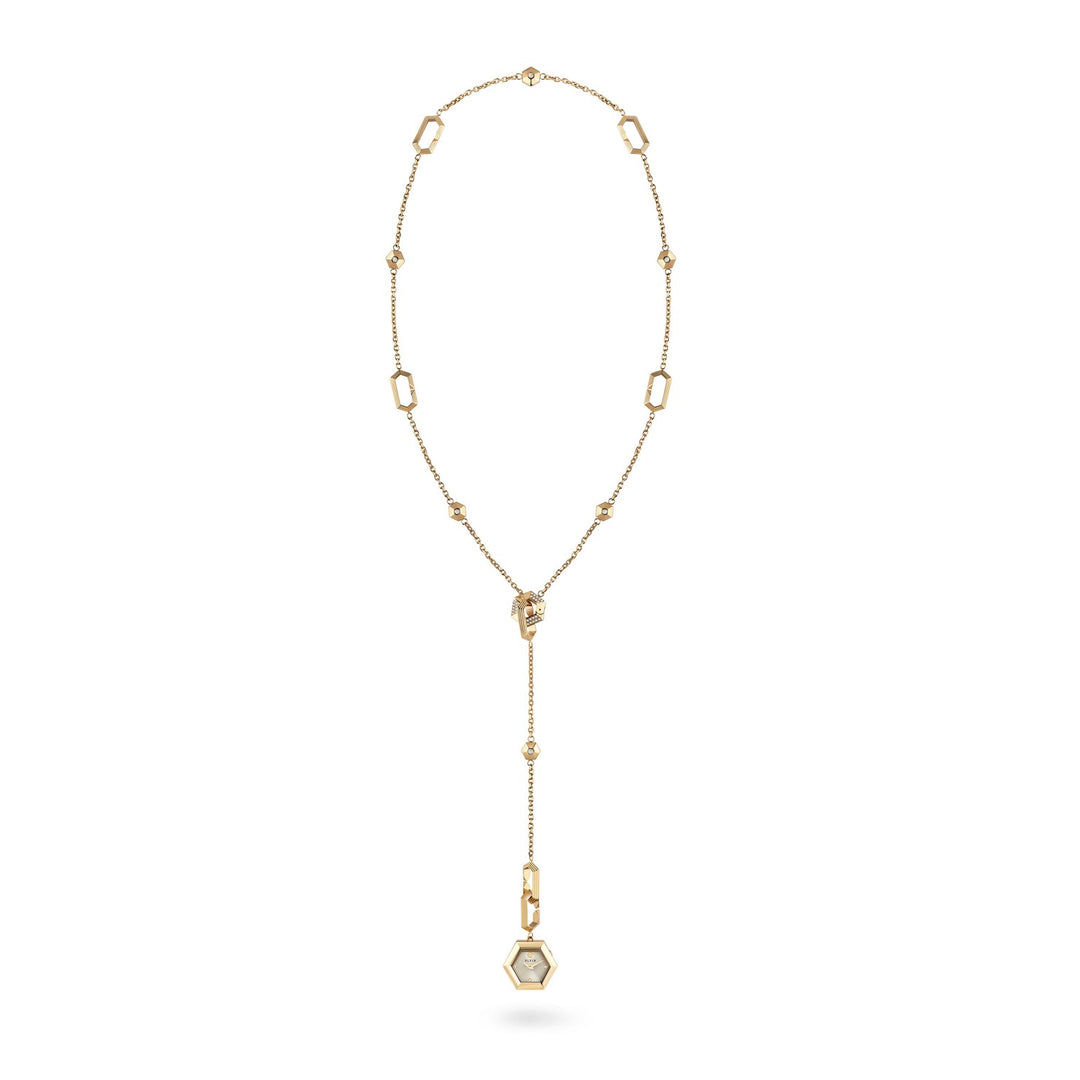 Gold necklace with a pendant on a white background