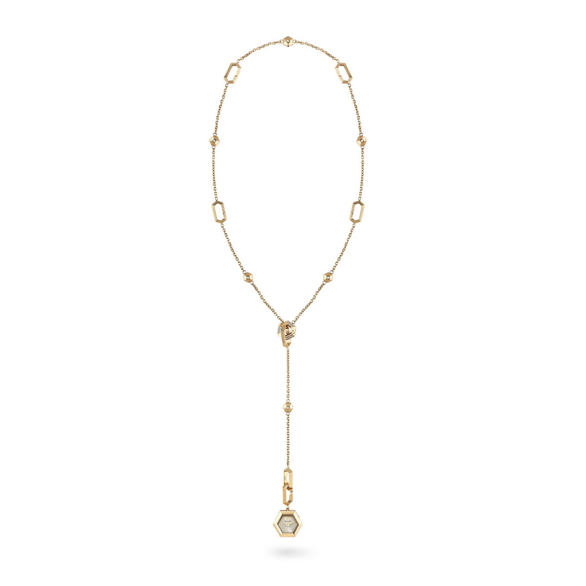 Gold necklace with a pendant on a white background