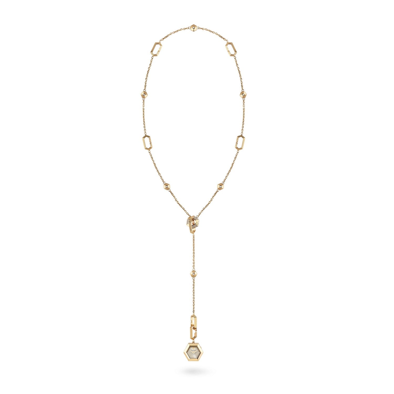 Gold necklace with a pendant on a white background