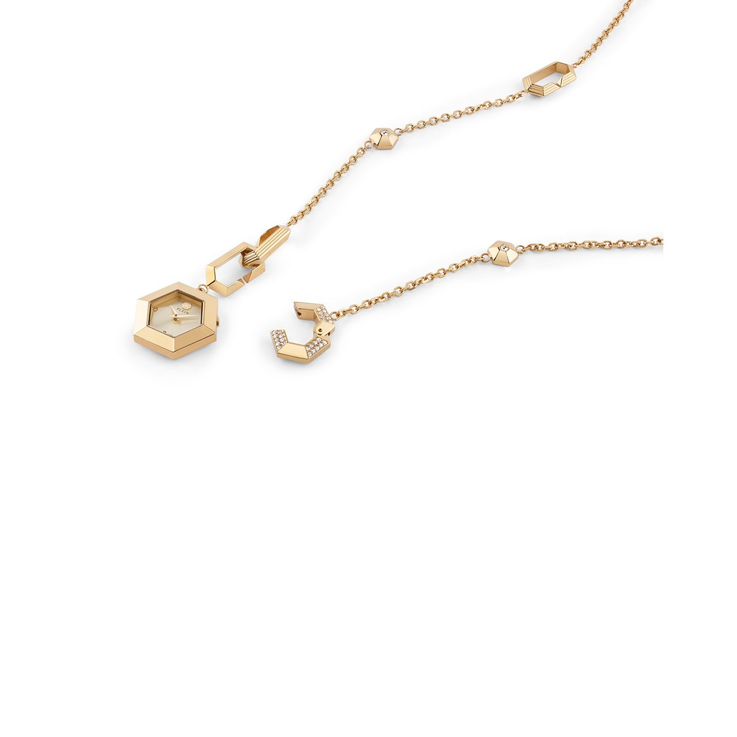 Gold necklace with a pendant on a white background