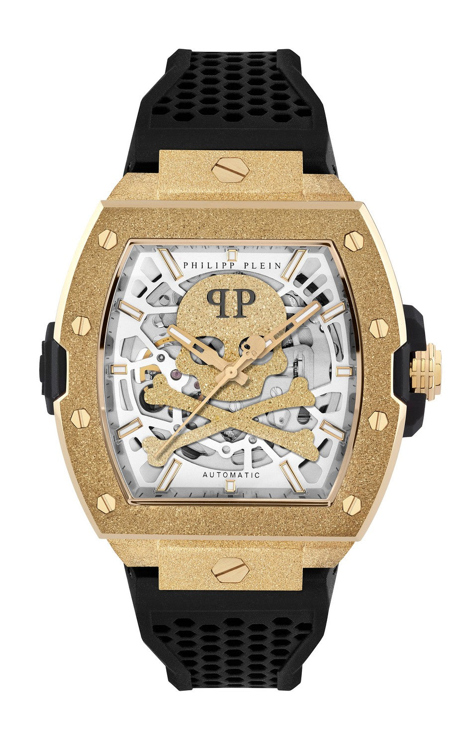 Philipp Plein Men’s The $keleton Frosted 44 mm Gold Automatic Silicone Watch PWJFA1025
