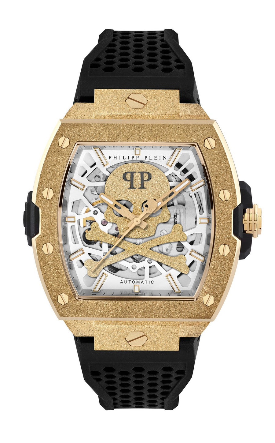 Philipp Plein Men’s The $keleton Frosted 44 mm Gold Automatic Silicone Watch PWJFA1025