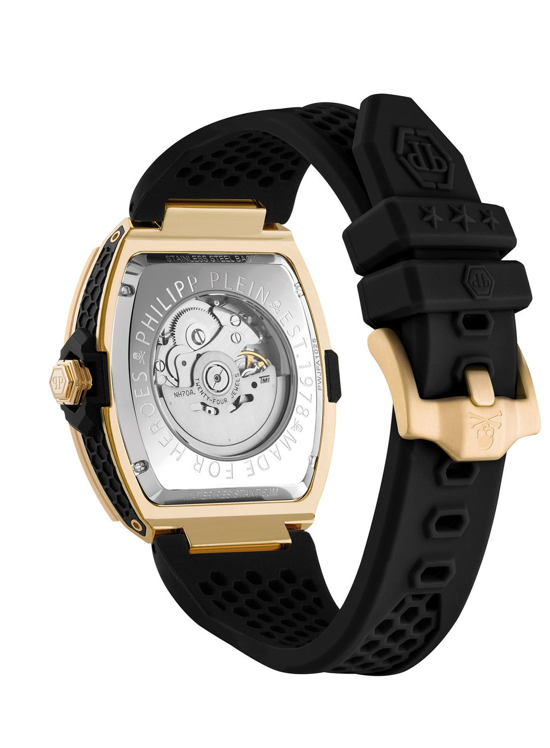 Philipp Plein Men’s The $keleton Frosted 44 mm Gold Automatic Silicone Watch PWJFA1025
