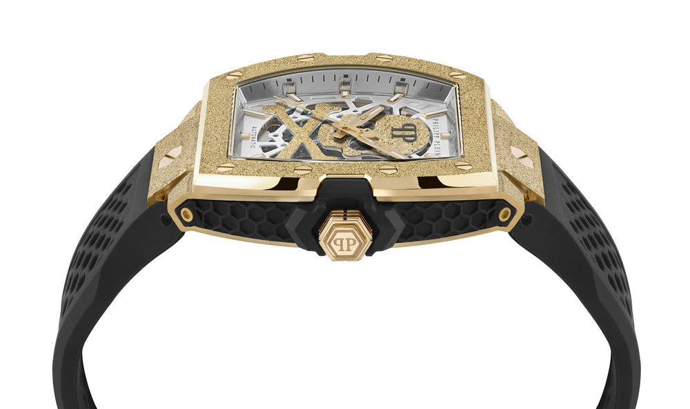 Philipp Plein Men’s The $keleton Frosted 44 mm Gold Automatic Silicone Watch PWJFA1025
