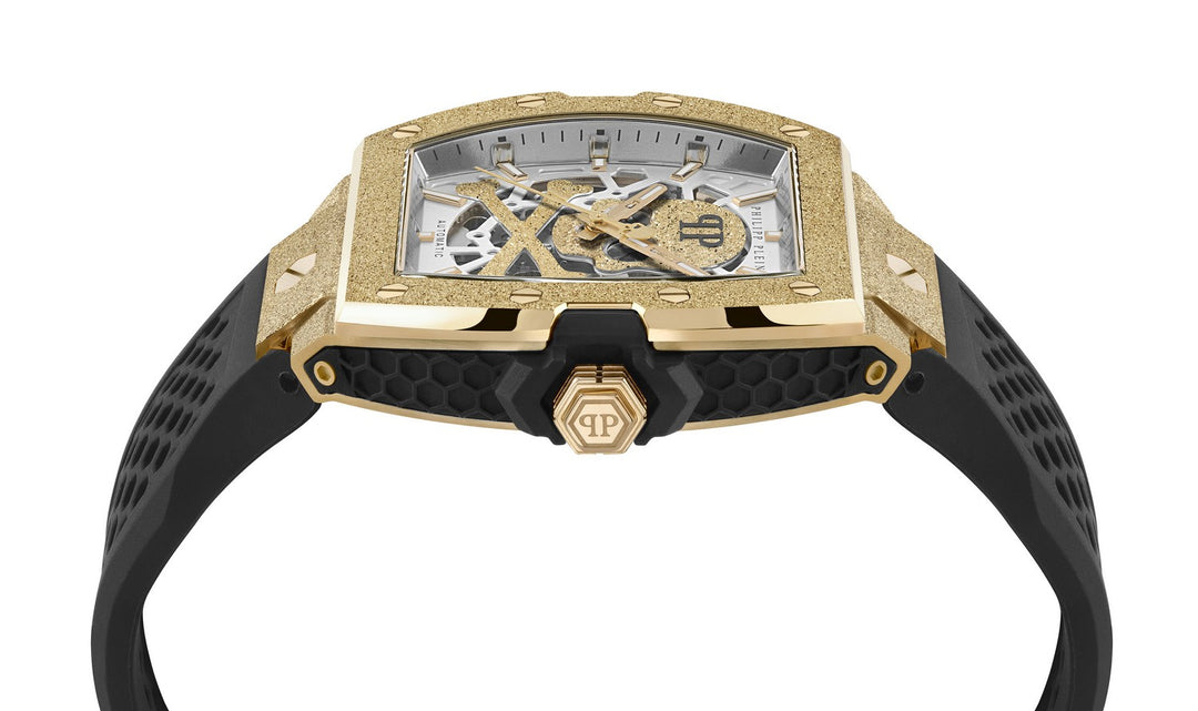Philipp Plein Men’s The $keleton Frosted 44 mm Gold Automatic Silicone Watch PWJFA1025