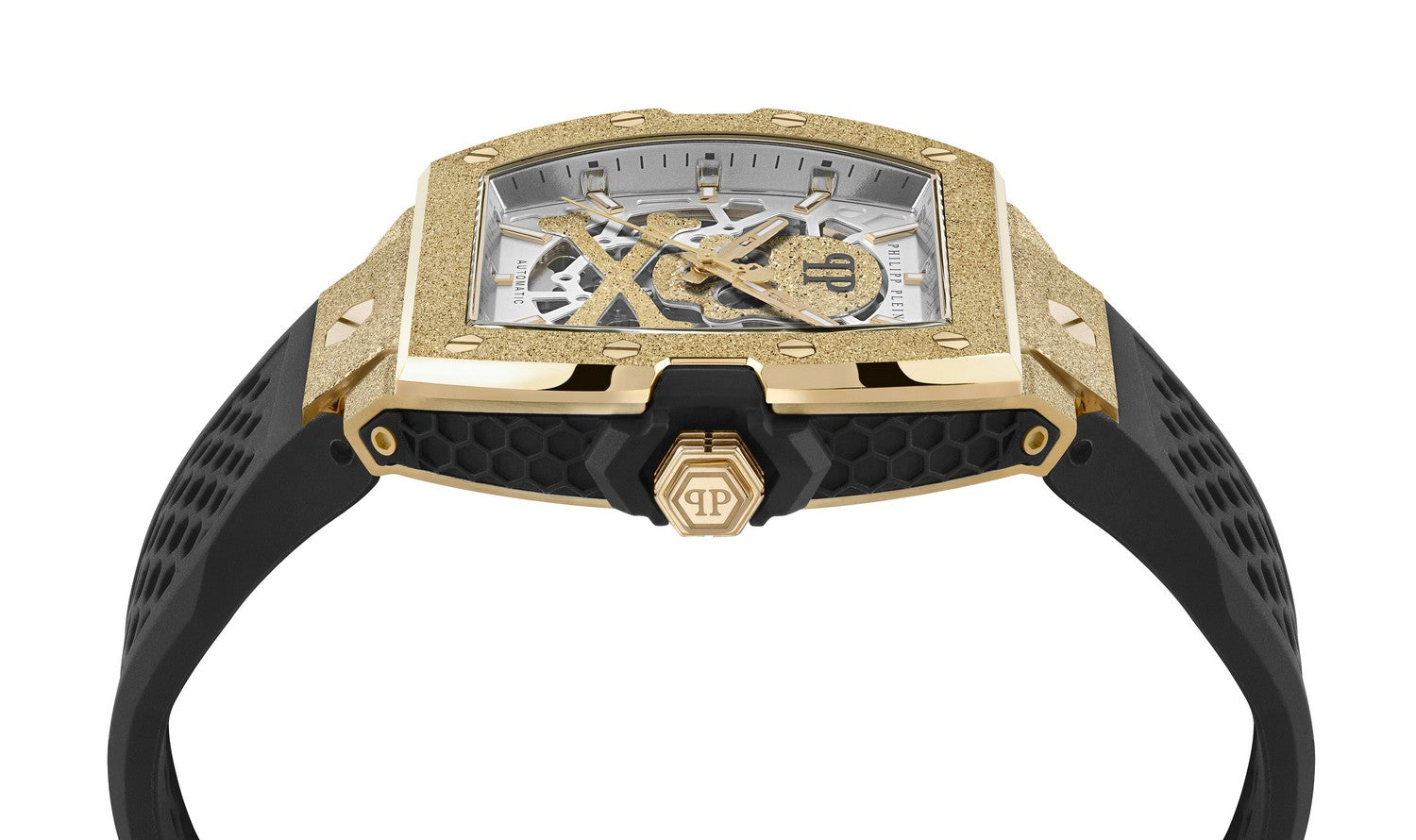 Philipp Plein Men’s The $keleton Frosted 44 mm Gold Automatic Silicone Watch PWJFA1025