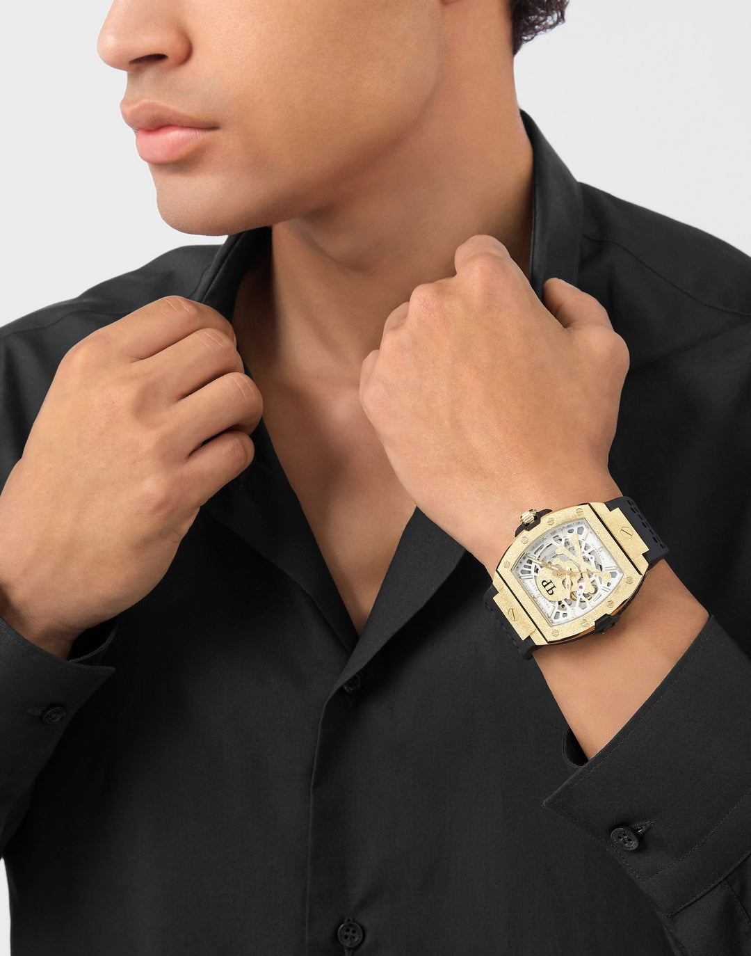 Philipp Plein Men’s The $keleton Frosted 44 mm Gold Automatic Silicone Watch PWJFA1025