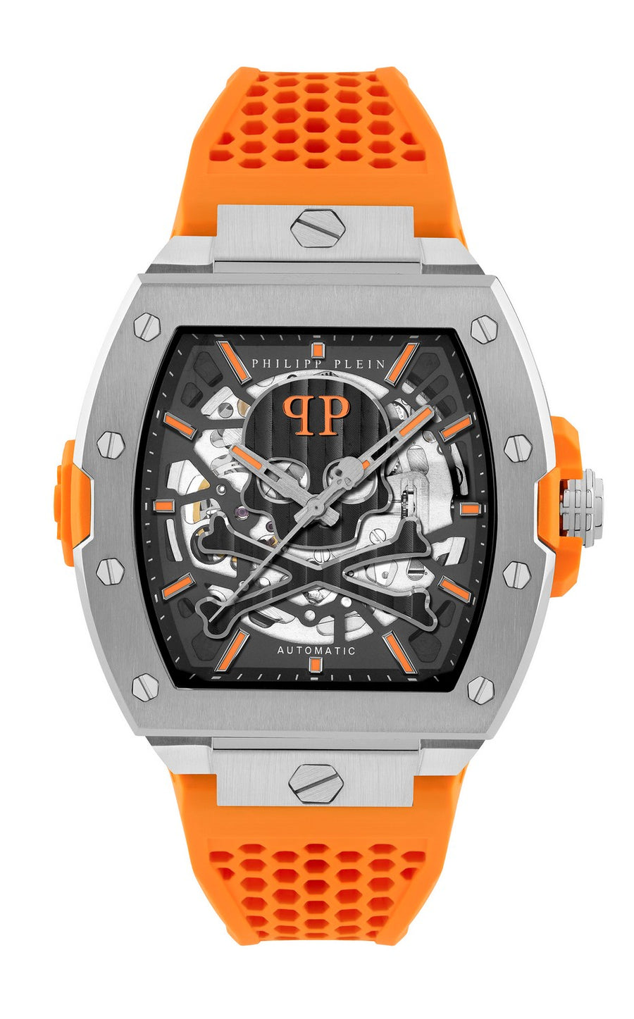 Philipp Plein Men’s The $keleton Limited Edition 44 mm Grey Skeleton Dial Orange Strap Automatic PWJFA1225