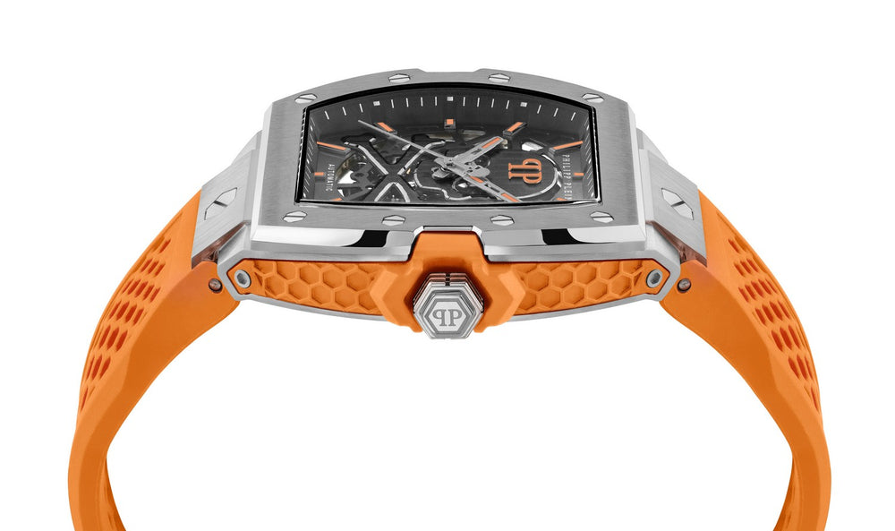 Philipp Plein Men’s The $keleton Limited Edition 44 mm Grey Skeleton Dial Orange Strap Automatic PWJFA1225