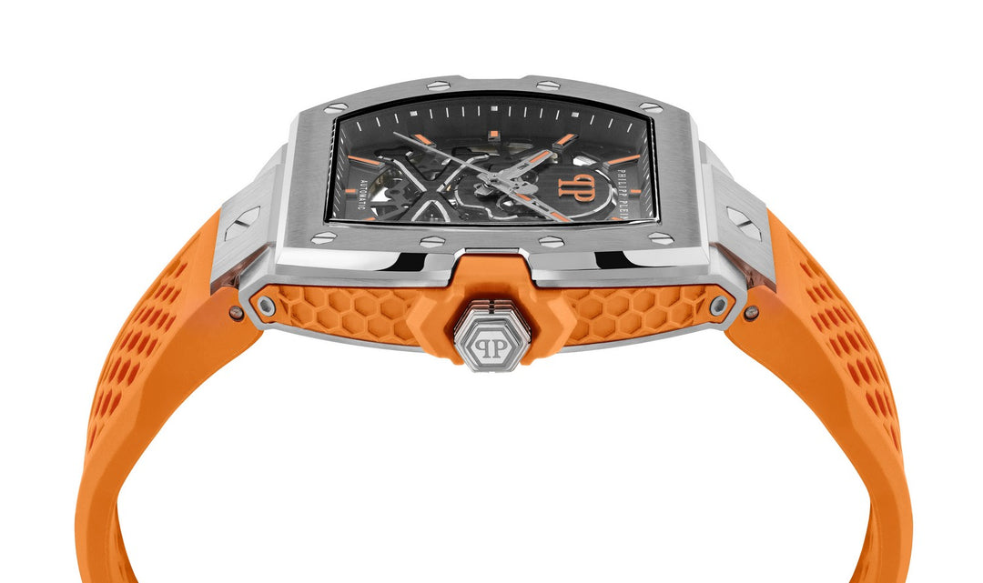 Philipp Plein Men’s The $keleton Limited Edition 44 mm Grey Skeleton Dial Orange Strap Automatic PWJFA1225