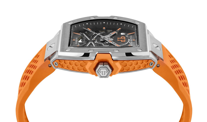 Philipp Plein Men’s The $keleton Limited Edition 44 mm Grey Skeleton Dial Orange Strap Automatic PWJFA1225