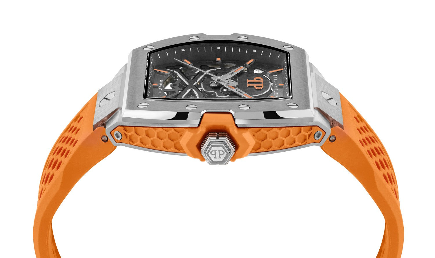 Philipp Plein Men’s The $keleton Limited Edition 44 mm Grey Skeleton Dial Orange Strap Automatic PWJFA1225