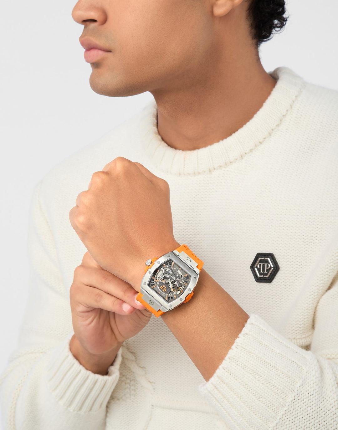 Philipp Plein Men’s The $keleton Limited Edition 44 mm Grey Skeleton Dial Orange Strap Automatic PWJFA1225