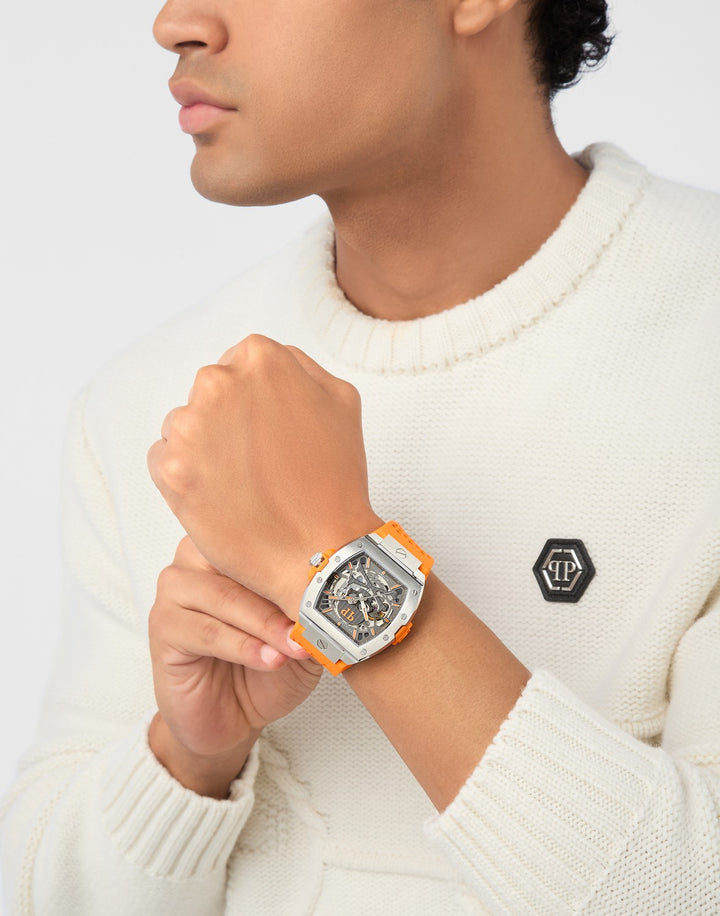 Philipp Plein Men’s The $keleton Limited Edition 44 mm Grey Skeleton Dial Orange Strap Automatic PWJFA1225