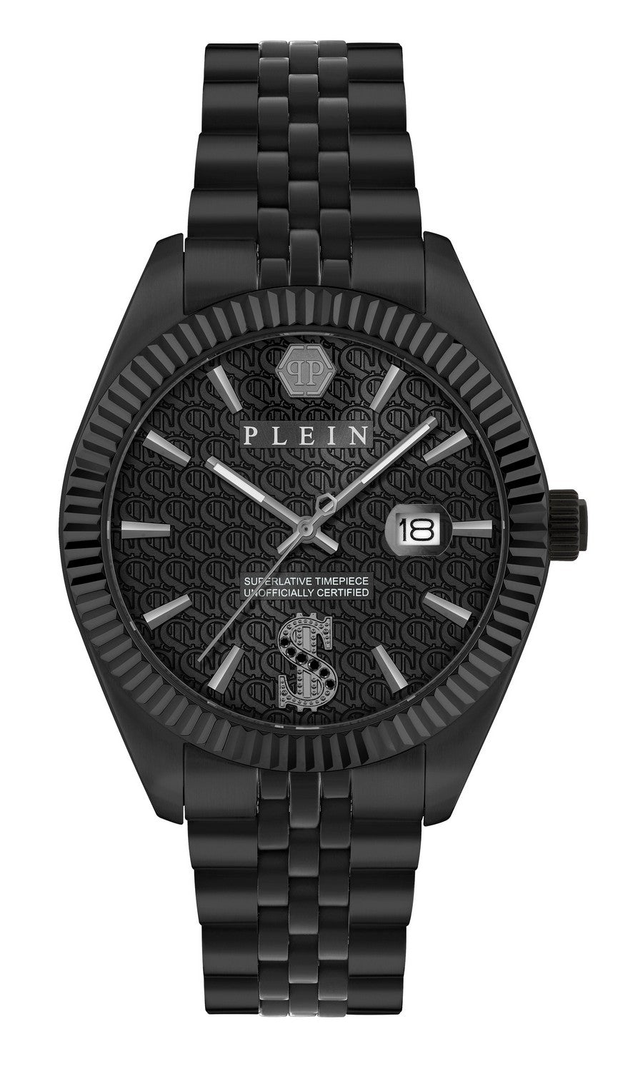 Philipp Plein Men’s Date Superlative 41 mm Black Guilloché Crystal Date Watch PWMFA1125