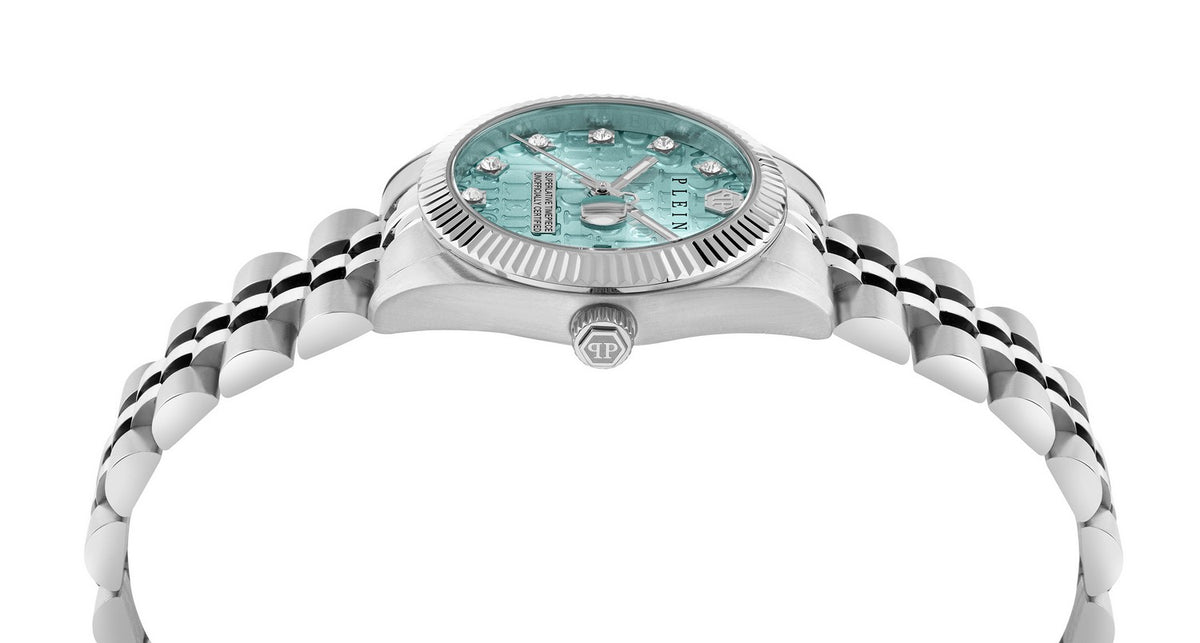 Philipp Plein Women’s Date Superlative 28 mm Blue Guilloché Crystal Date Watch PWNFA0225