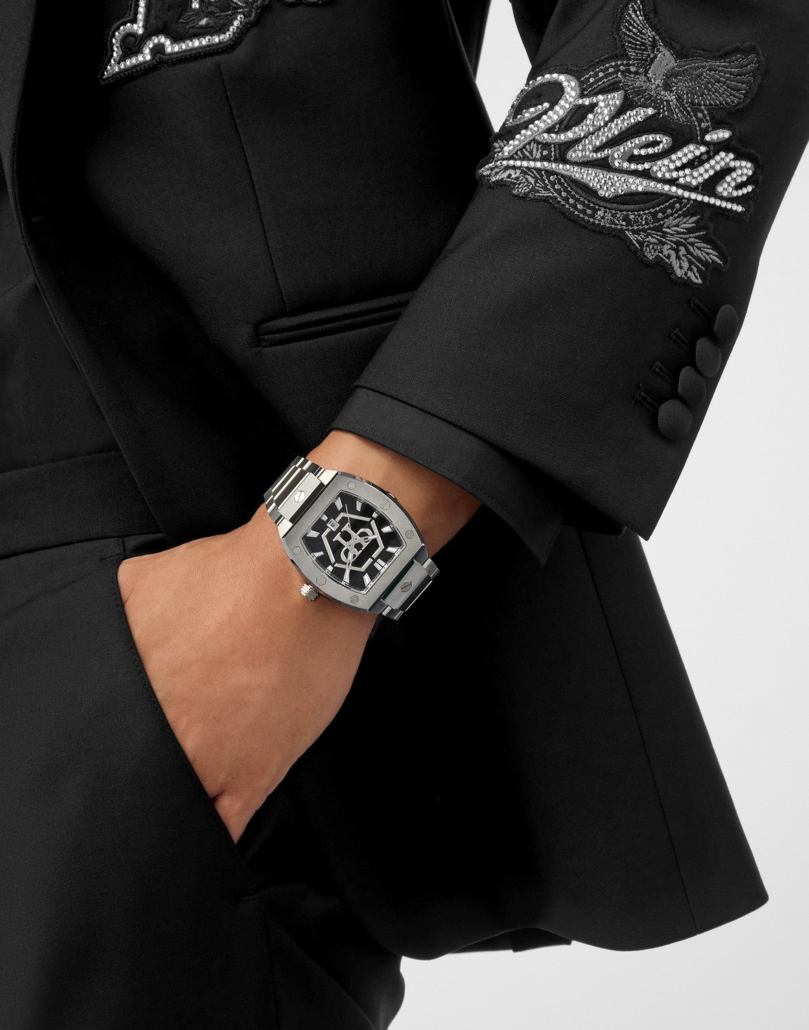 Philipp Plein Men’s Hexagon Phantom 44 mm Black Guilloché Bracelet Watch PWPUA0725