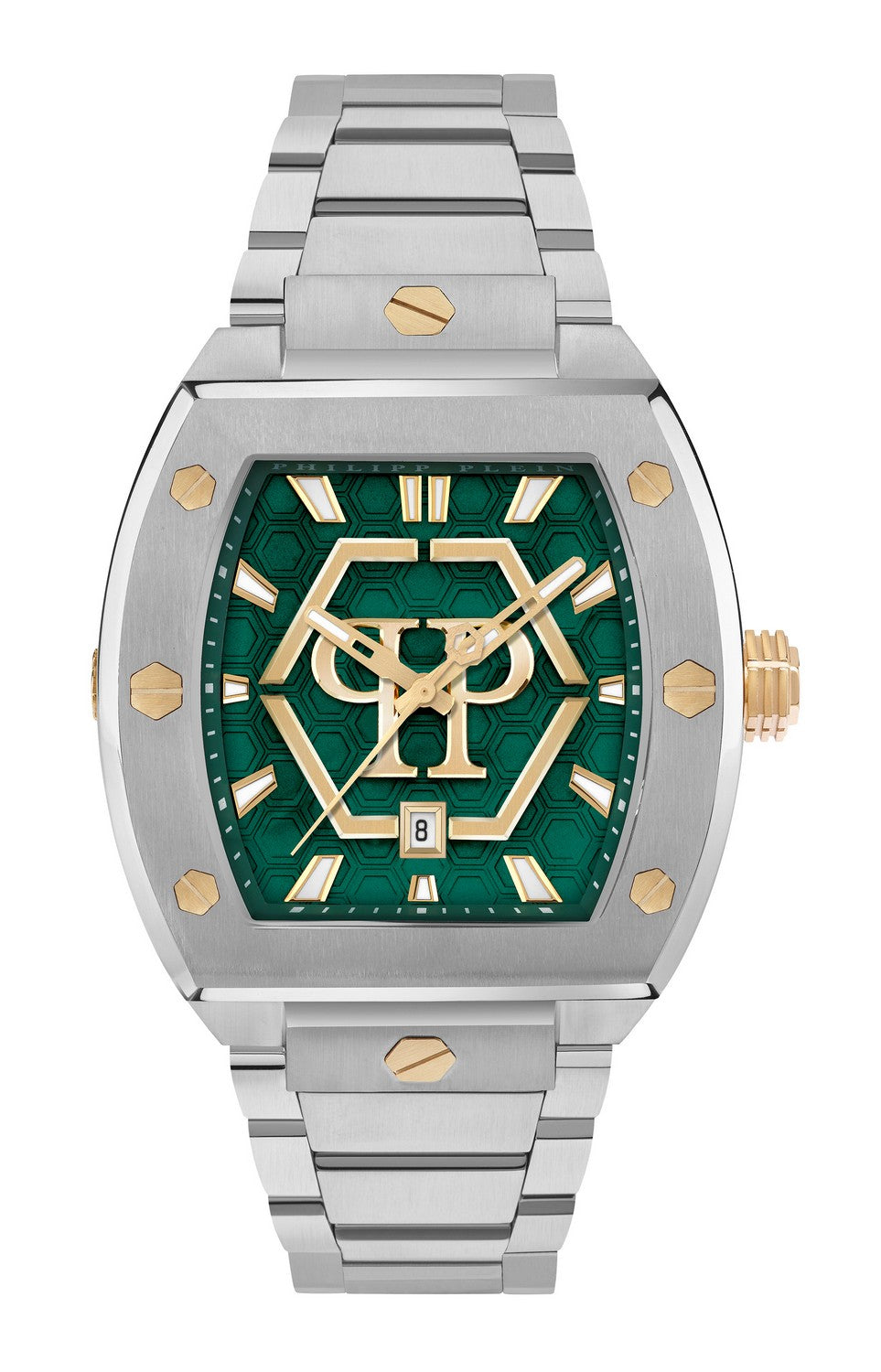 Philipp Plein Men’s Hexagon Phantom 44 mm Green Guilloché Bracelet Watch PWPUA0825