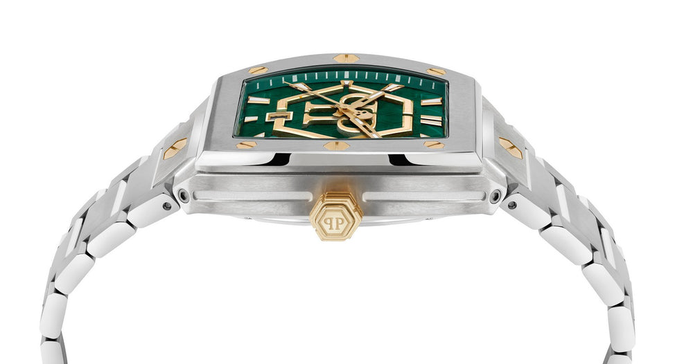 Philipp Plein Men’s Hexagon Phantom 44 mm Green Guilloché Bracelet Watch PWPUA0825