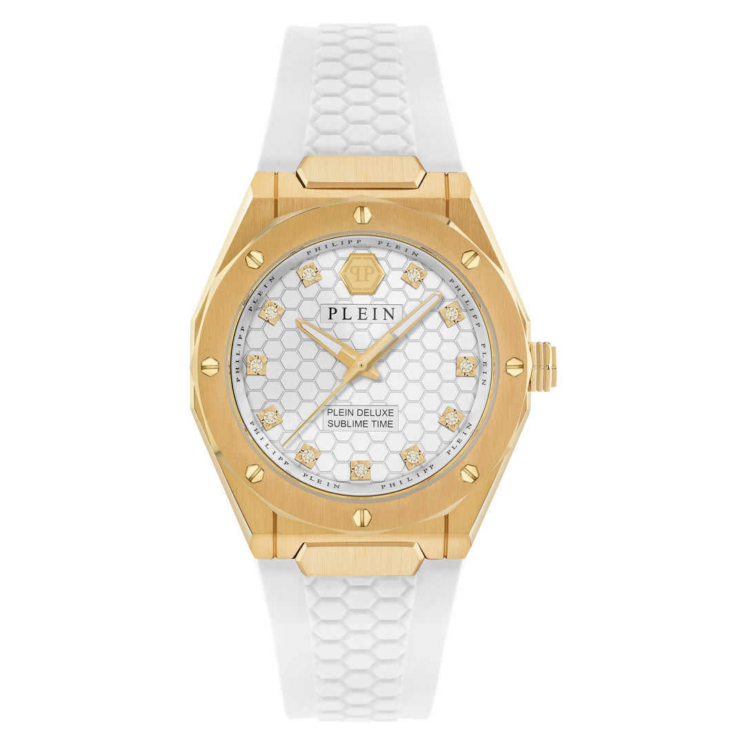 Gold watch with white strap on a white background