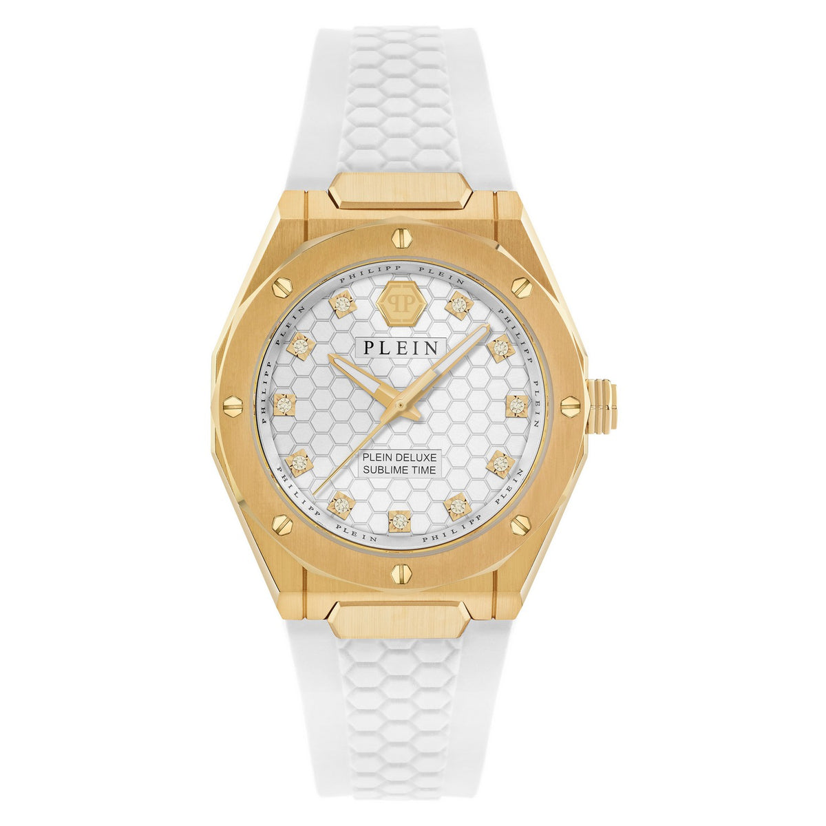 Gold watch with white strap on a white background