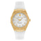 Gold watch with white strap on a white background