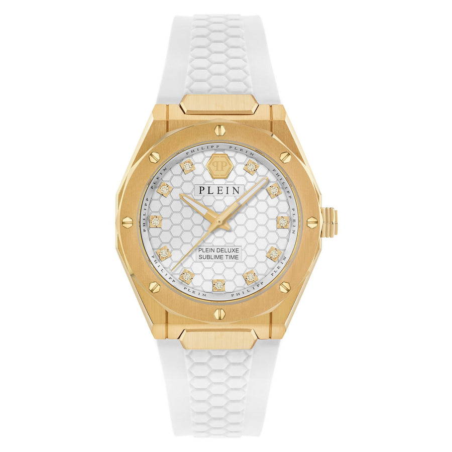 Philipp Plein Women’s Plein Deluxe Lady 36 mm White and Silver Dial Silicone Strap Watch PWVGA0226