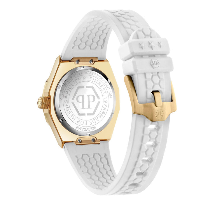 Watch with white strap and gold accents on a white background