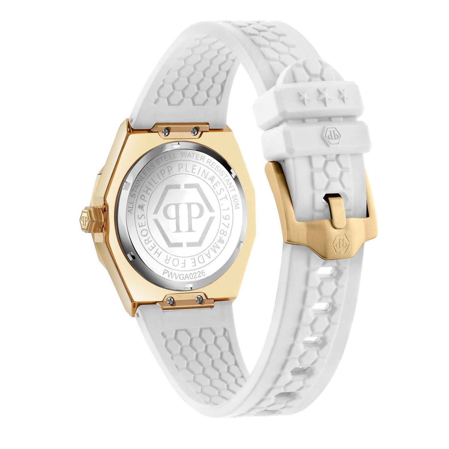 Gold watch with white strap on a white background