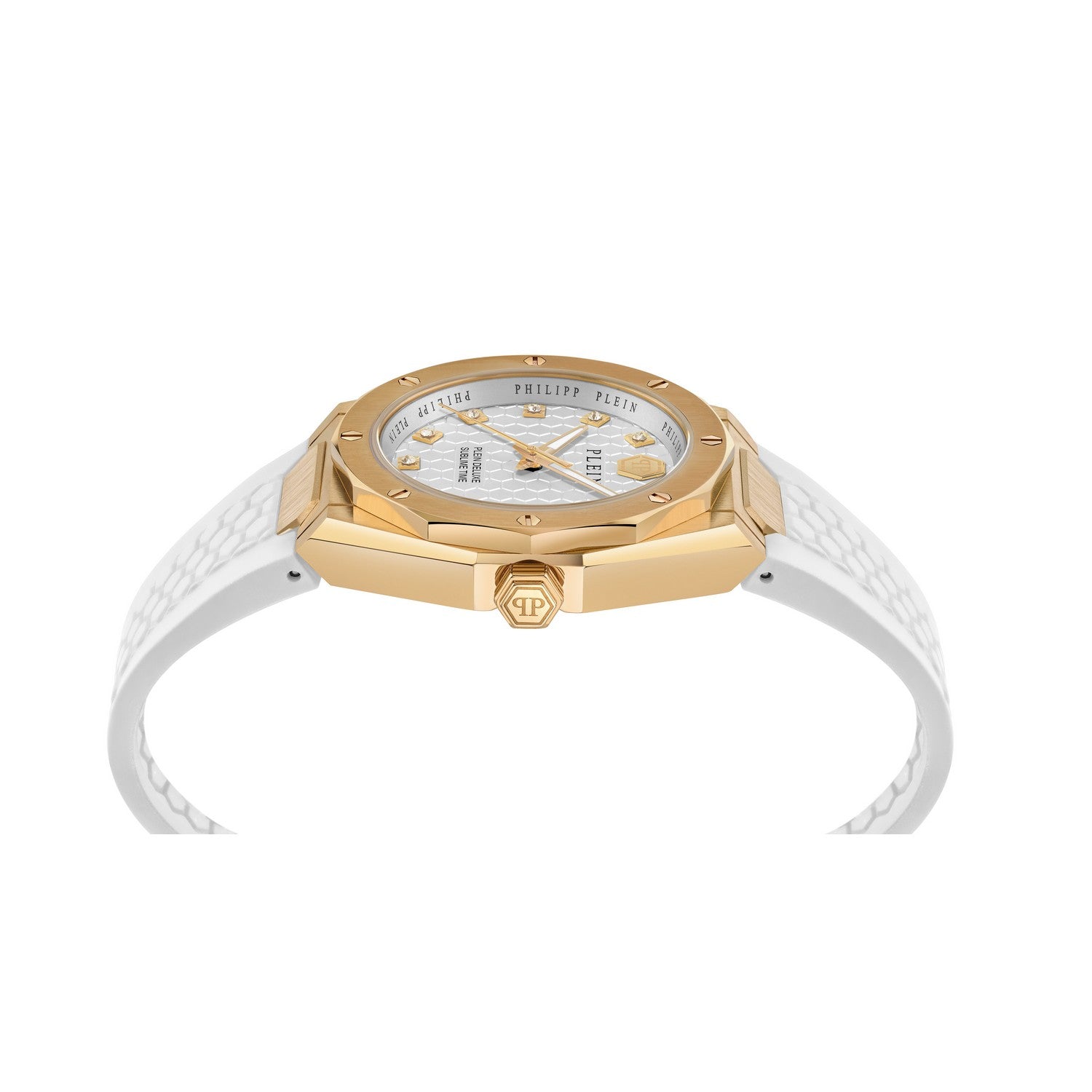 Gold watch with white strap on a white background
