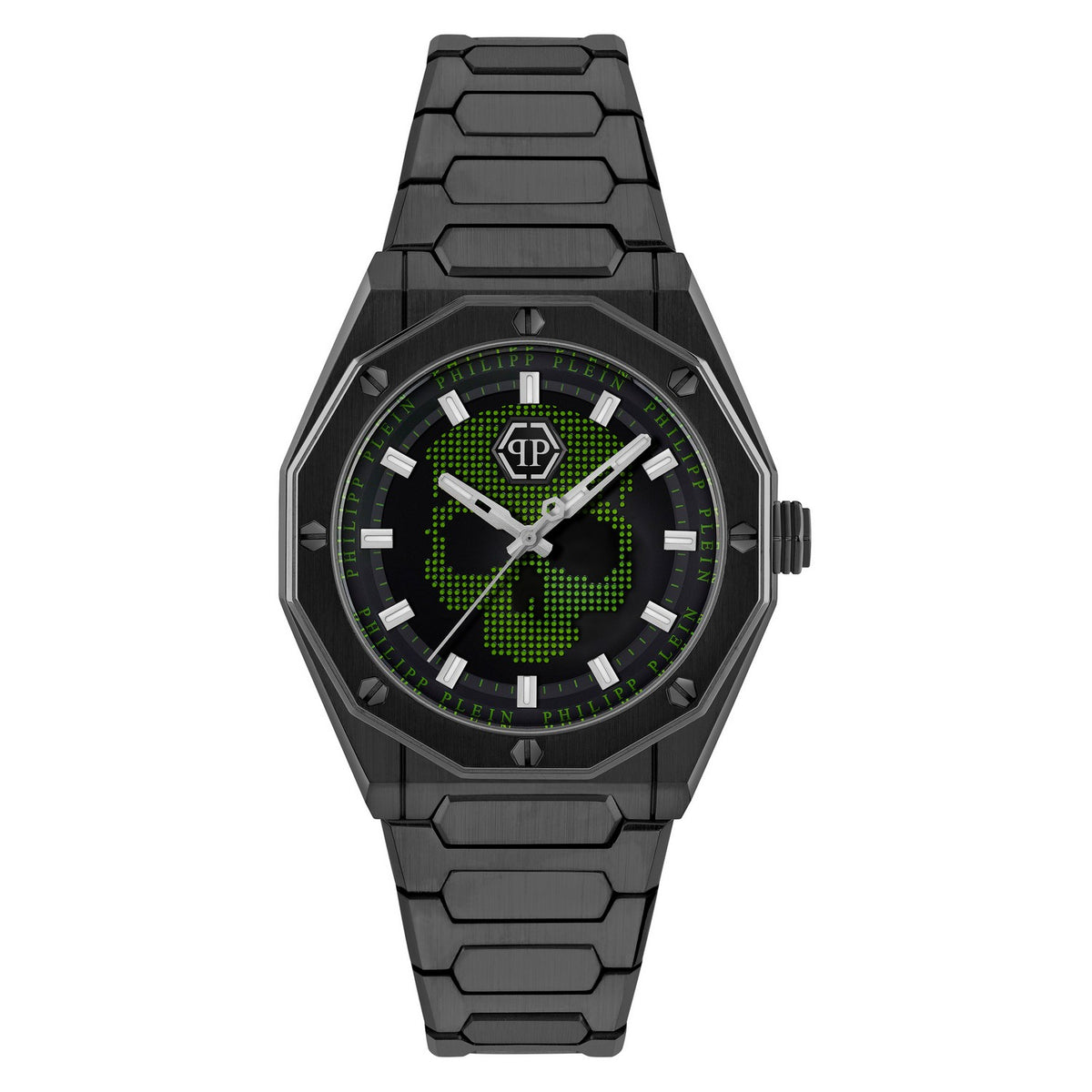 Black wristwatch with digital display on a white background