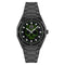 Black wristwatch with digital display on a white background