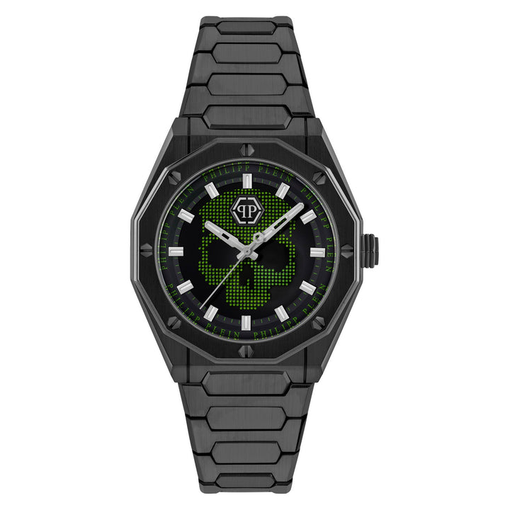 Black wristwatch with digital display on a white background