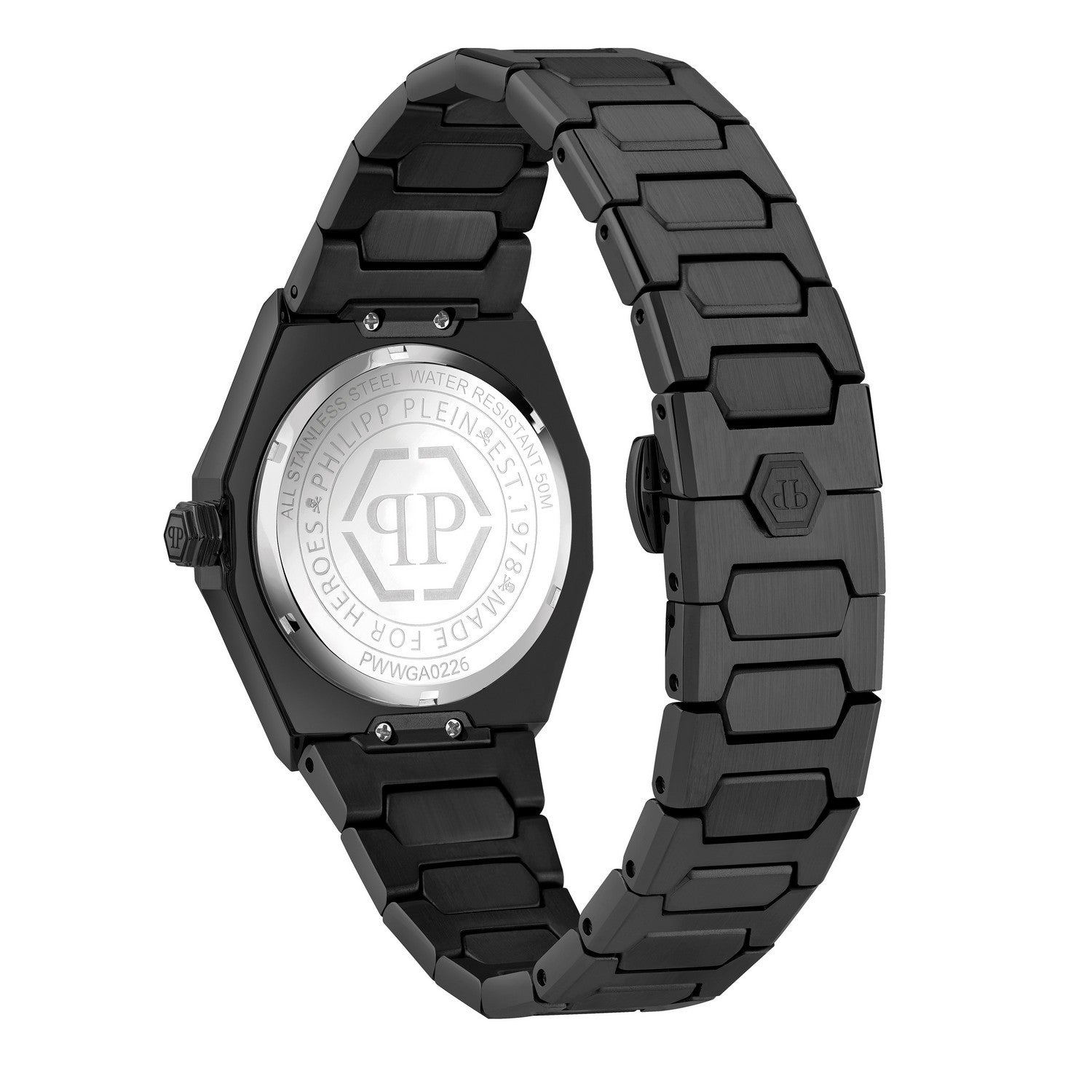 Black wristwatch with digital display on a white background