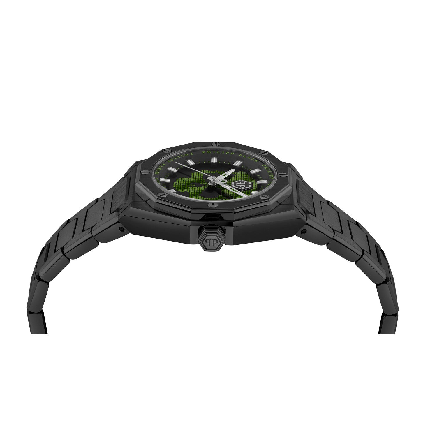 Black wristwatch with digital display on a white background