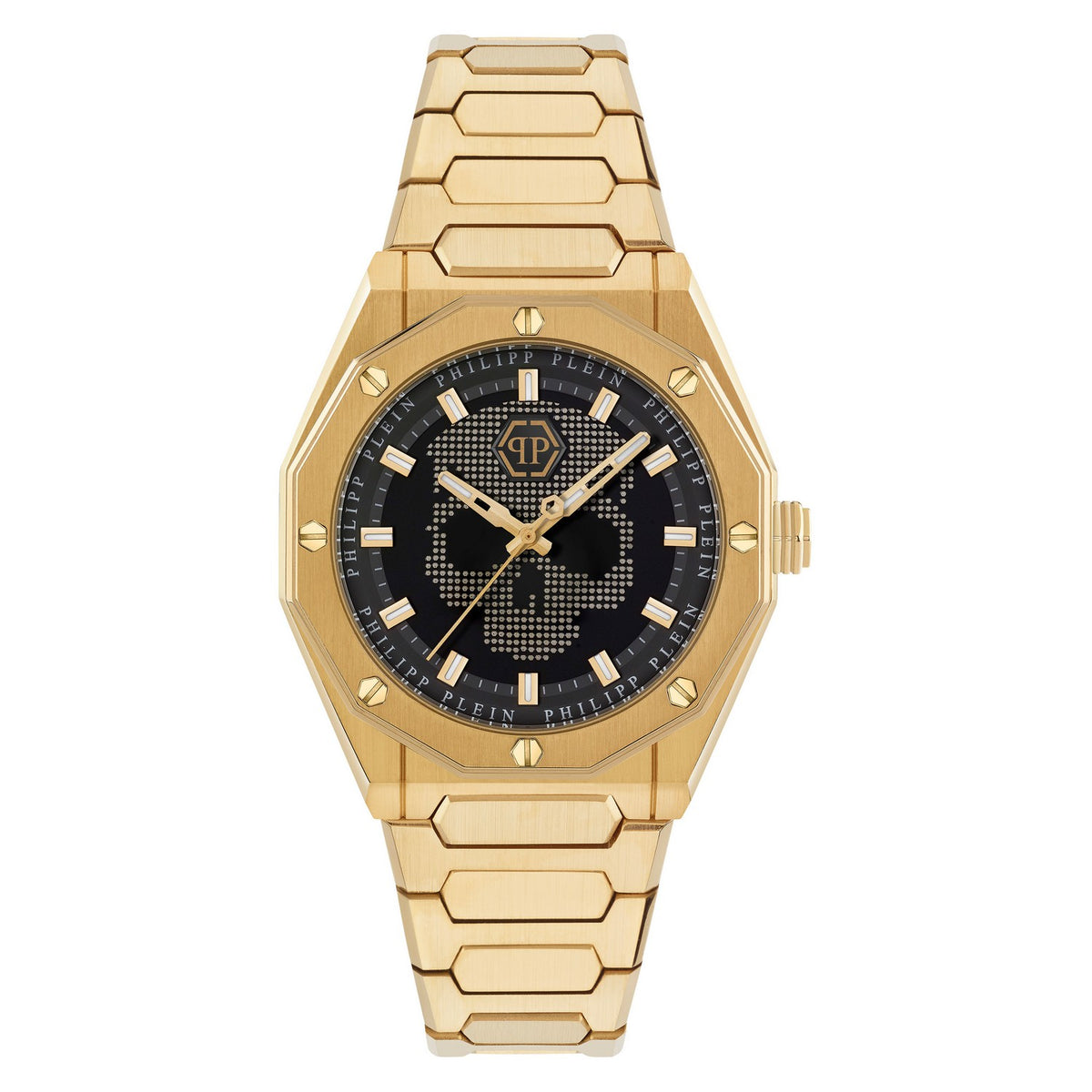 Gold wristwatch with a black face on a white background