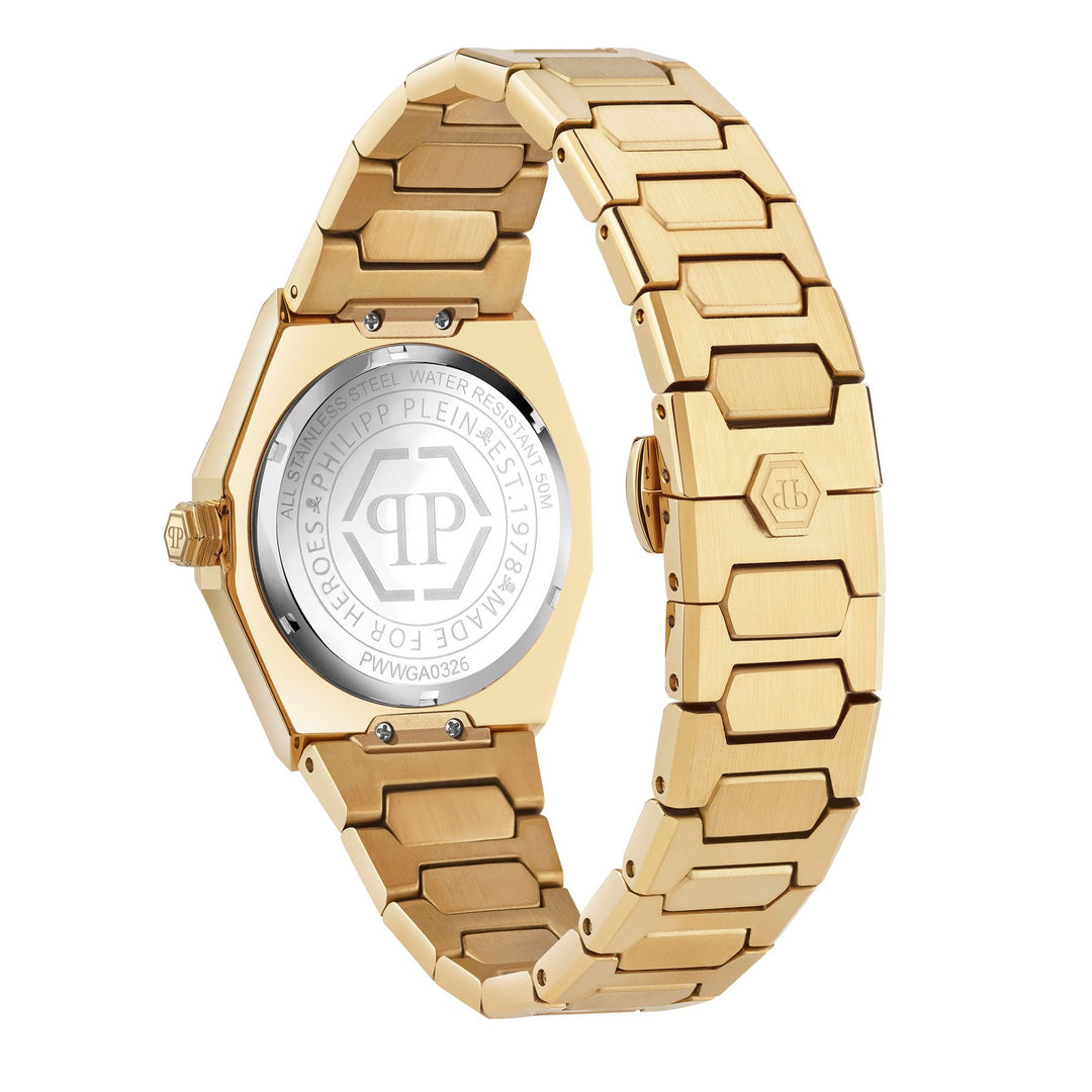 Gold watch with a visible brand logo on a white background