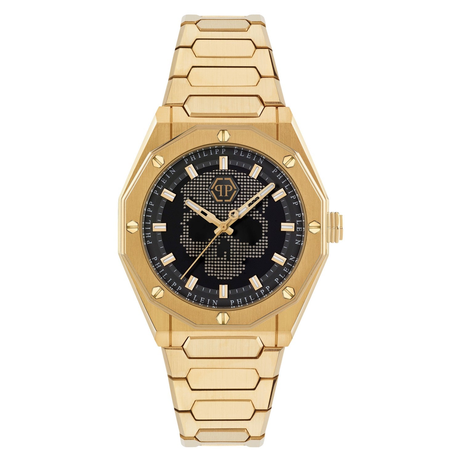 Gold wristwatch with a black face on a white background