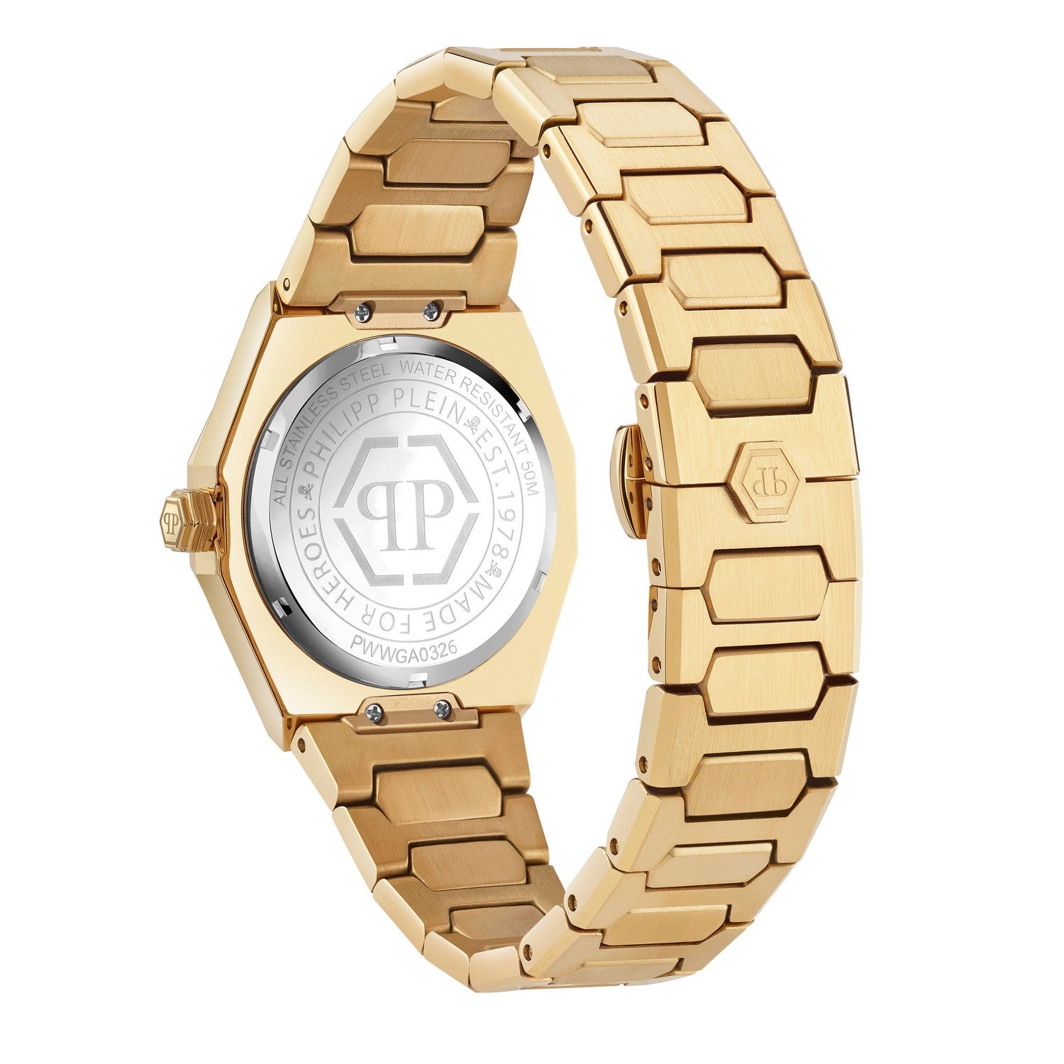 Gold wristwatch with a black face on a white background
