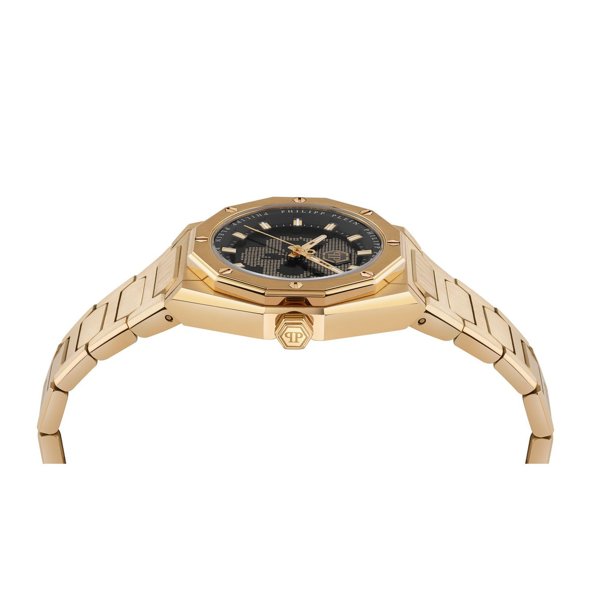 Gold watch with a black face on a white background
