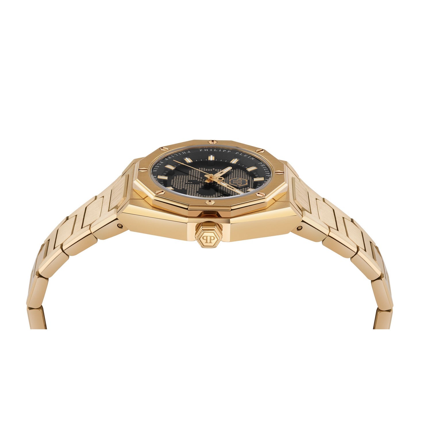 Gold watch with a black face on a white background